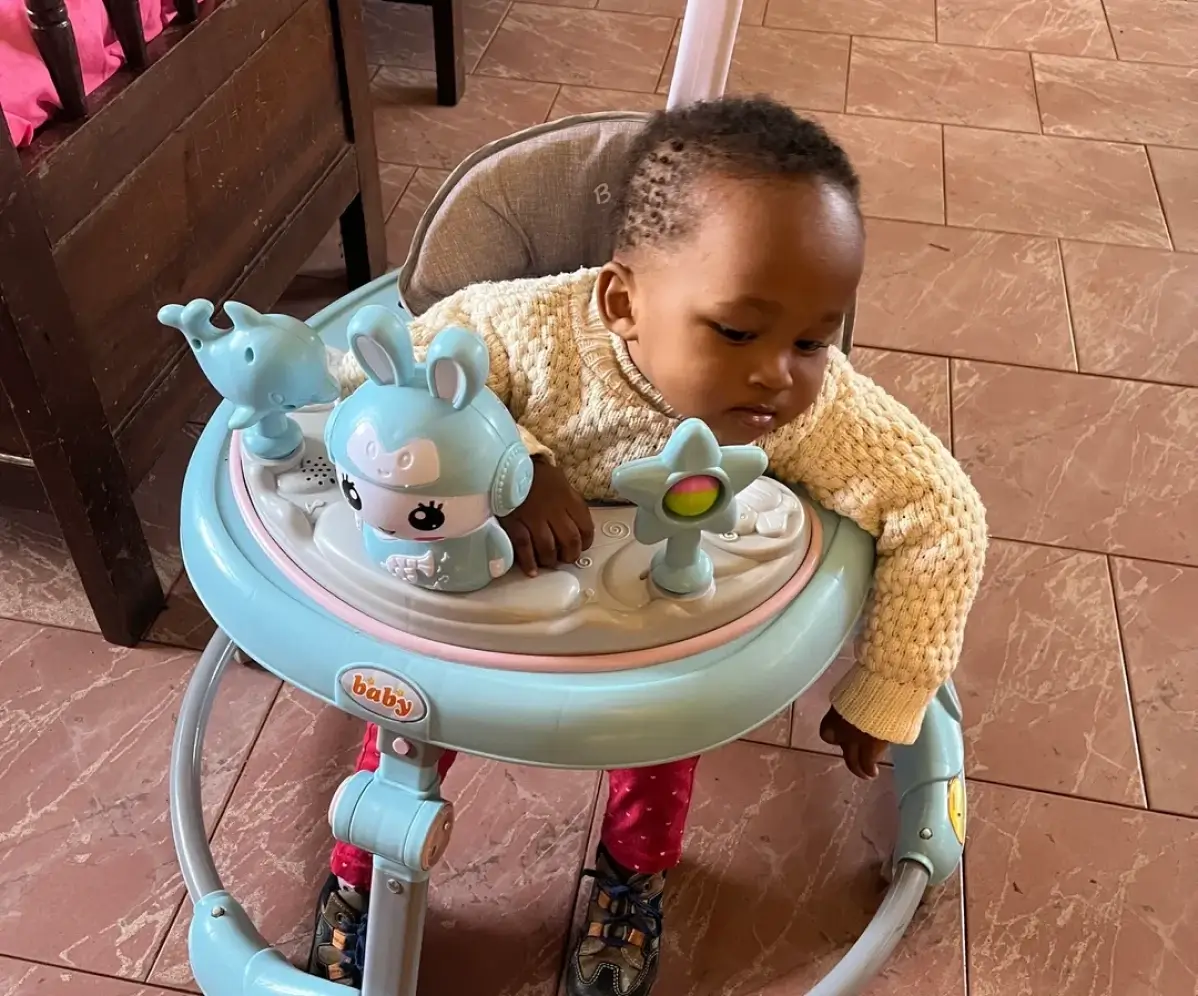 Small baby child, Emanuel in a colorful baby walker.
