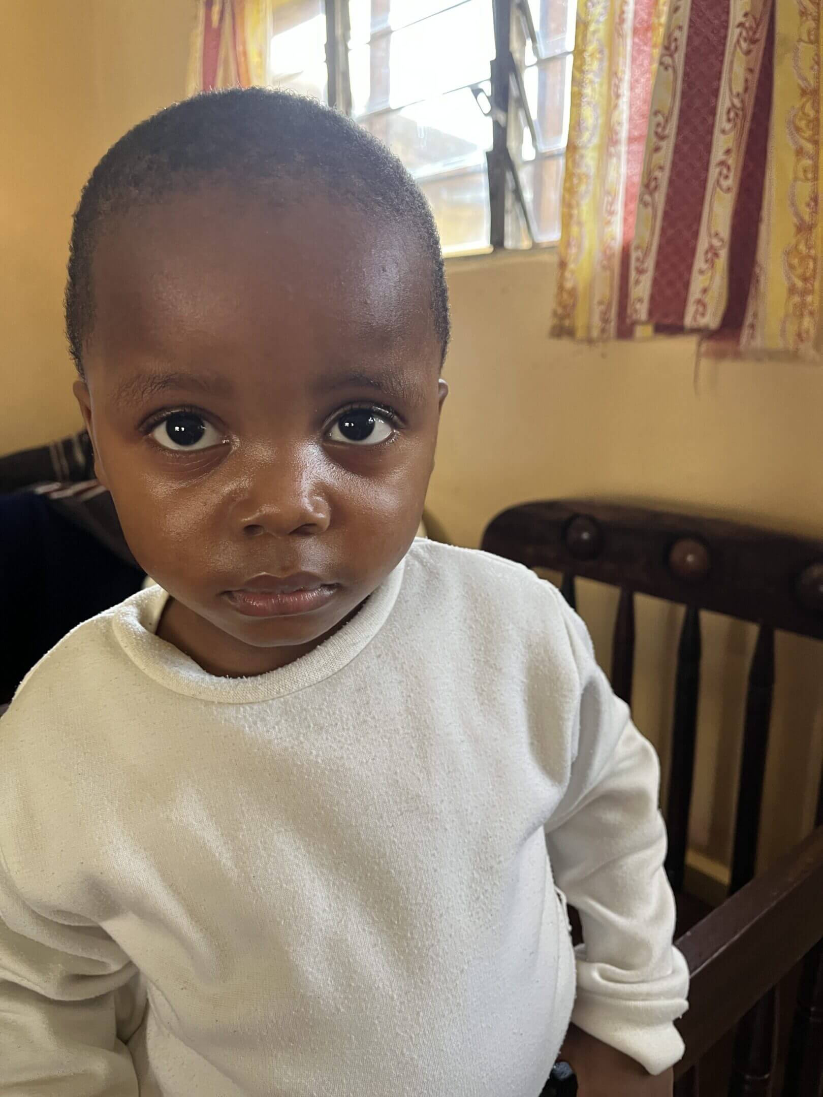 Little curious boy looks into the phone camera lense.